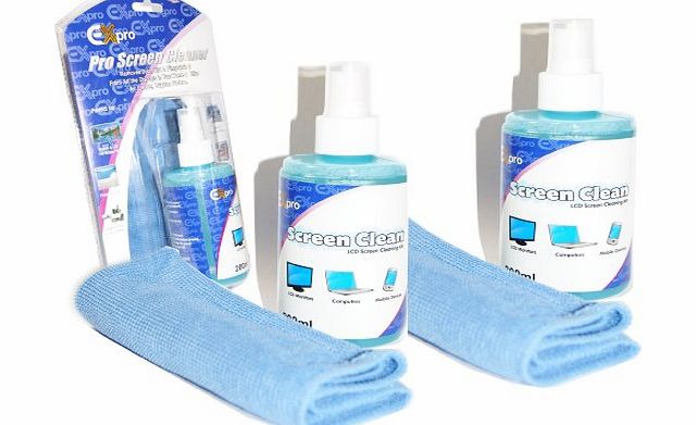 [TWIN PACK] - LCD TFT LED TV, Laptop, Plasma, iPad, Tablet SCREEN Pro Cleaning Fluid (200ml X 2) Large - 2 x FREE Large Microfibre Cloth.